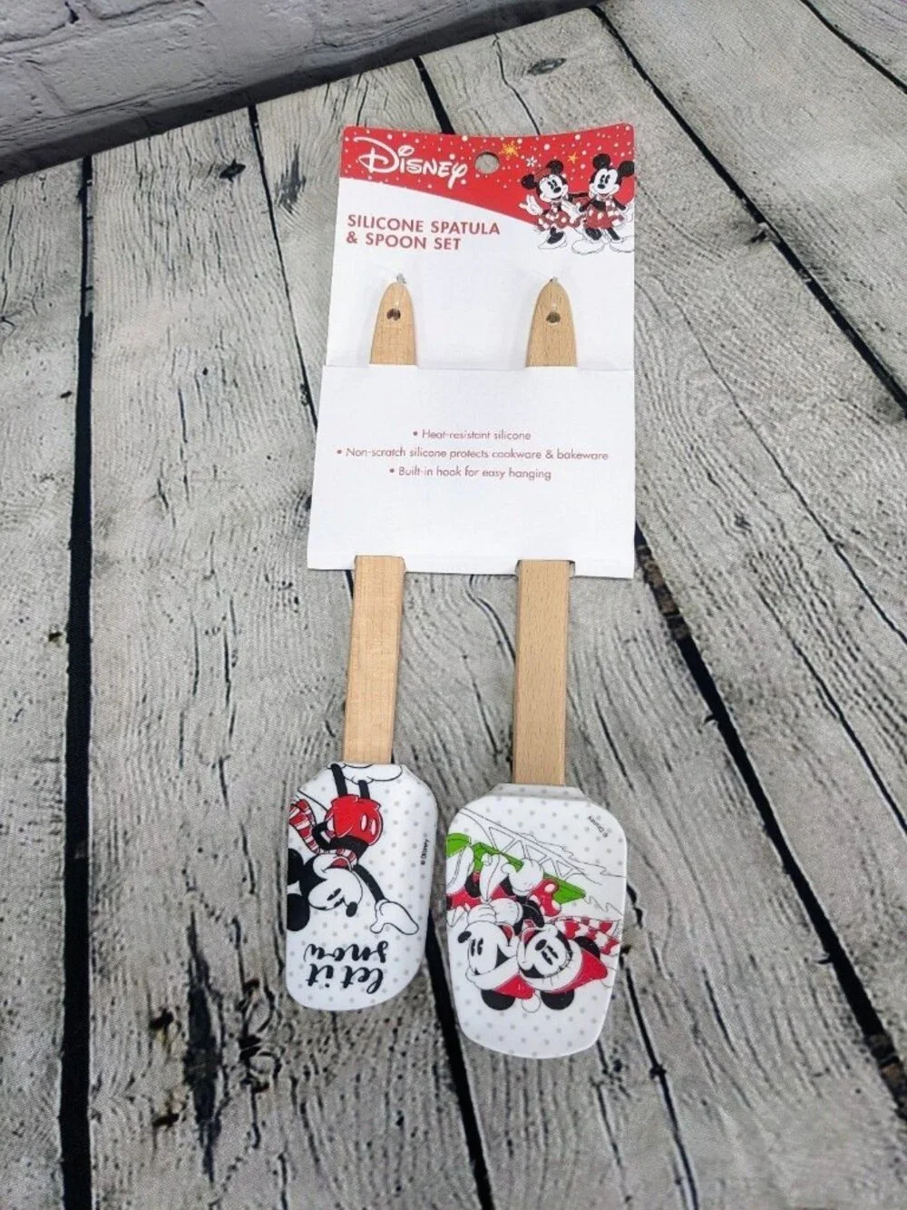 Disney Mickey Minnie Mouse Christmas Kitchen Utensil Set Silicone Wood Handle